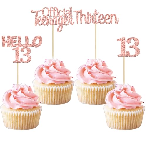 Gyufise Cupcake-Topper zum 13. Geburtstag, Hello 13. Geburtstag, 24 Stück, Roségold, Glitzer, Cupcake-Picker zum 13. Geburtstag, Party, Kuchendekoration, Zubehör von Gyufise