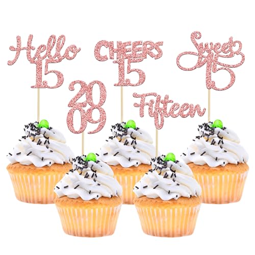 Gyufise Cupcake-Topper zum 15. Geburtstag, Roségold, Glitzer, Aufschrift "Hello Sweet Cheers to 15 Fifteen Since 2006", Cupcake-Picks für den 15. Geburtstag, Party-Kuchen-Dekoration, Zubehör, 30 Stück von Gyufise