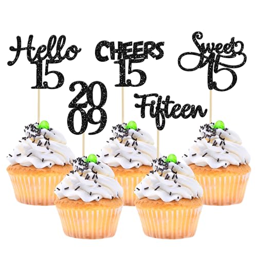 Gyufise Cupcake-Topper zum 15. Geburtstag, mit Glitzer, Aufschrift "Hello Sweet Cheers to 15 Fifteen Since 2009", 30 Stück von Gyufise