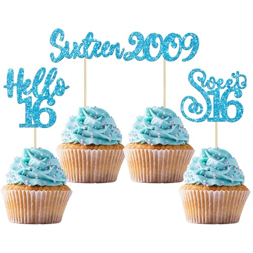 Gyufise Cupcake-Topper zum 16. Geburtstag, glitzernd, Hello 16, 16 Cupcake-Picks, 16 Jahre, Geburtstag, Kuchendekorationen zum 16. Geburtstag, Partyzubehör, Blau Gyufise Cupcake-Topper zum 16. Geburtstag, glitzernd, Hello 16, 16 Cupcake-Picks, 16 Jahre, Geburtstag, Kuchendekorationen zum 16. Geburtstag, Partyzubehör, Blau von Gyufise
