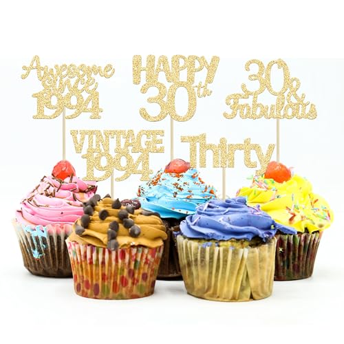 Gyufise Cupcake-Topper zum 30. Geburtstag, goldfarben, glitzernd, 30 Stück von Gyufise