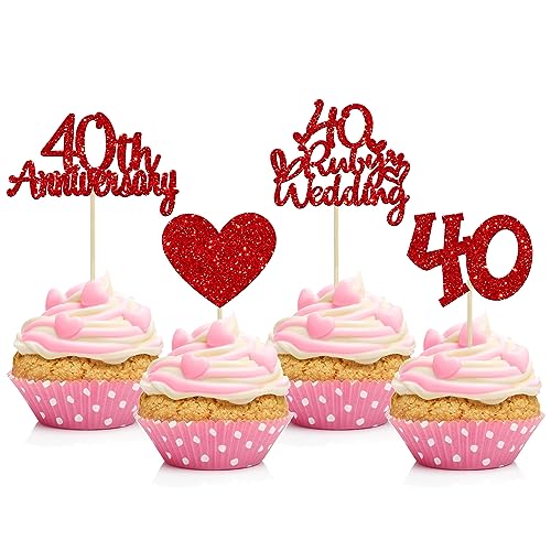 Gyufise Cupcake-Topper zum 40. Jahrestag, Herz-Kuchenaufsätze, Rubinhochzeit, Herz-Kuchendekoration für 40 Jahre und Partyzubehör, 24 Stück von Gyufise
