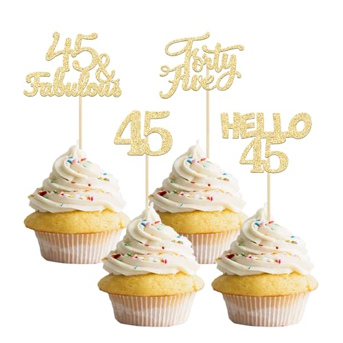 Gyufise Cupcake-Topper zum 45. Geburtstag, goldfarben, glitzernd, Hello 114.3 cm, 45 und fabelhafte Cupcake-Picks für 45. Geburtstag, Hochzeitstag, Kuchendekoration, Partyzubehör, 24 Stück von Gyufise