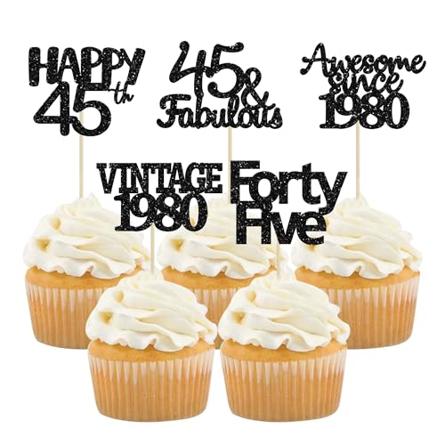 Gyufise Cupcake-Topper zum 45. Geburtstag, mit schwarzem Glitzer, 30 Stück, Vintage 1980, tolle seit 1980, 45 fabelhafte Cupcake-Picks, 45. Geburtstag, Hochzeitstag, Party-Kuchendekorationen von Gyufise