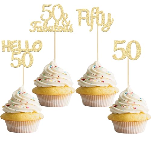 Gyufise Cupcake-Topper zum 50. Geburtstag, glitzernd, goldfarben, 24 Stück von Gyufise