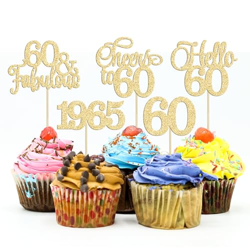 Gyufise Cupcake-Topper zum 60. Geburtstag, 60 fabelhafte Cupcake-Picks, Cheers to 60, 1963, Kuchendekorationen für Happy 60. Geburtstag, Hochzeitstag, Partydekoration, Zubehör, Goldfarben, 30 Stück Gyufise Cupcake-Topper zum 60. Geburtstag, 60 fabelhafte Cupcake-Picks, Cheers to 60, 1963, Kuchendekorationen für Happy 60. Geburtstag, Hochzeitstag, Partydekoration, Zubehör, Goldfarben, 30 Stück von Gyufise