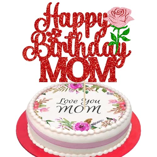 Gyufise Tortenaufsatz "Happy Birthday Mom" mit Glitzer-Rose, Aufschrift "Best Mom Love Mother", Kuchendekoration für Frauen, Geburtstagsparty, Rot, 1 Stück Gyufise Tortenaufsatz "Happy Birthday Mom" mit Glitzer-Rose, Aufschrift "Best Mom Love Mother", Kuchendekoration für Frauen, Geburtstagsparty, Rot, 1 Stück von Gyufise