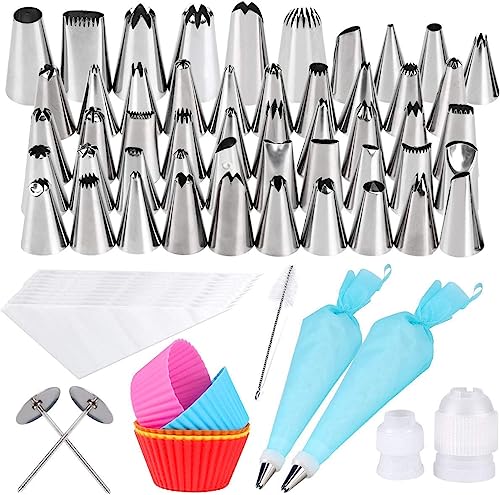 Gyvazla 72 Stück Spritztüllen Set, inkl 50 Tüllen,10 Einweg-Zuckergussbeutel, 5 Cupcake Förmchen, 2 Nägel, 2 Mund-Adapter, Pinsel, für Kuchen, Cupcake-Dekoration von Gyvazla