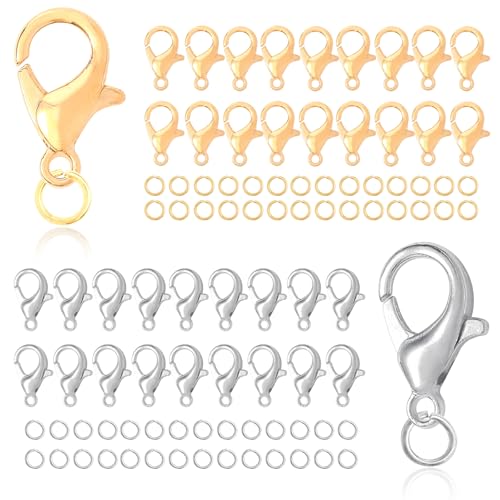 Kettenverschluss 200 Stück Armband Verschluss 12mm mit 400 Biegeringe, Ketten Verschlüsse, Schmuckverschluss, Karabinerverschluss, Verschlüsse für Schmuckherstellung (Silbrig/Golden) von Gyxcelc