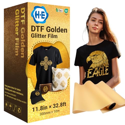 H-E Golden Glitter DTF Transferfolie, 33 cm x 10 m, DTF Golden Glitter Film Papierrolle, Cold Peel DTF Glitter Golden Transferfolie beschichtet mit goldenem Glitzer H-E Golden Glitter DTF Transferfolie, 33 cm x 10 m, DTF Golden Glitter Film Papierrolle, Cold Peel DTF Glitter Golden Transferfolie beschichtet mit goldenem Glitzer von H-E