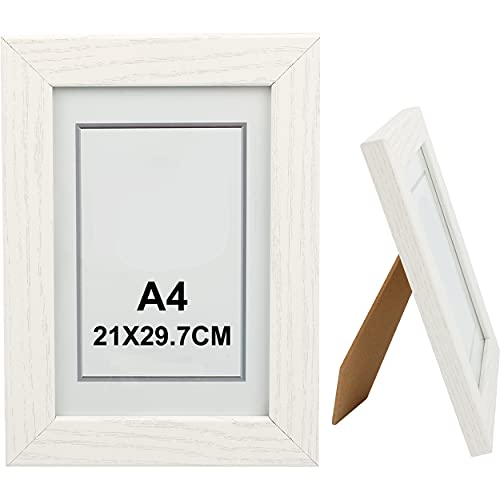 H HANSEL HOME Holz Bilderrahmen 21x29.7cm, Holz Fotorahmen Weiß mit Glasplatte für Tisch und Wand von H HANSEL HOME
