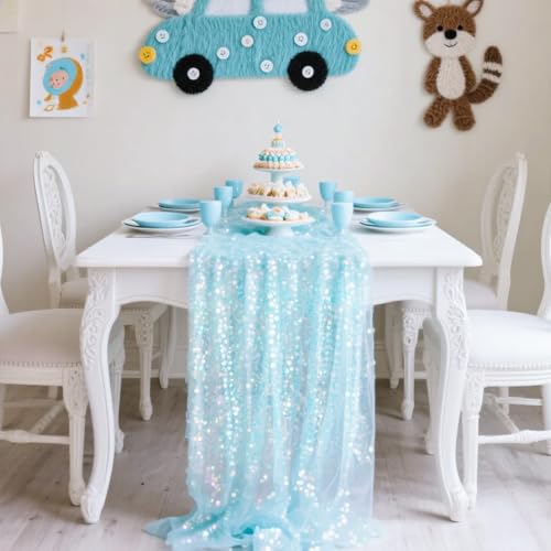 H HOMEWINS Glitzer Tischläufer 30×305 cm - Blau Sequin & Polyester, Wiederverwendbar, Festliche Tischdeko für Kindergeburtstag, Hochzeit, Party, Event von H HOMEWINS