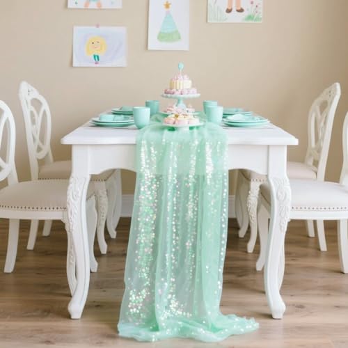 H HOMEWINS Glitzer Tischläufer 30×305 cm - Grün Sequin & Polyester, Wiederverwendbar, Festliche Tischdeko für Kindergeburtstag, Hochzeit, Party, Event von H HOMEWINS