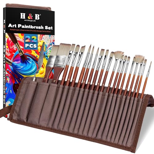 H&B 22-teiliges Profi-Künstlerpinselset für Acryl, Öl & Aquarell – Synthetikhaar-Pinsel mit Präzisionsspitzen – Komplettset für Leinwand, Holz & Keramik (Braun) von H & B