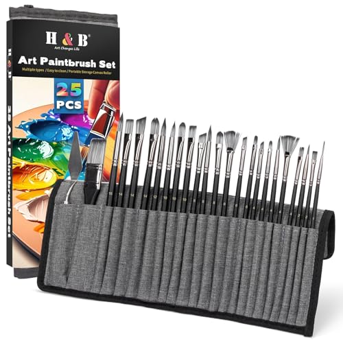 H&B 24-teiliges Profi-Künstlerpinselset für Acryl, Öl & Aquarell – Synthetikhaar-Pinsel mit Präzisionsspitzen – Komplettset für Leinwand, Holz & Keramik (Schwarz)​ von H & B