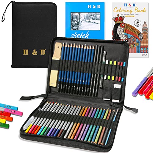 H & B Buntstift, Künstler-Buntstift, professionelles Zeichenstift-Set für Kinder, Künstler, Erwachsene, Maler, ideal zum Skizzieren von Kindern (51 bunte Stifte mit Skizzenblock und Buch) von H & B
