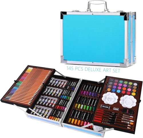 H & B Premium Malset Deluxe 145tlg Malkasten Wasser Farbkasten Buntstifte Wachsmalstifte Pinsel Aluminium H & B Premium Malset Deluxe 145tlg Malkasten Wasser Farbkasten Buntstifte Wachsmalstifte Pinsel Aluminium von H & B