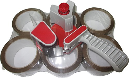 Packband-Abroller mit 6 Rollen Klebeband (6 x 66 Meter x 50 mm geräuscharmes Packband, leise abrollend) von H&B