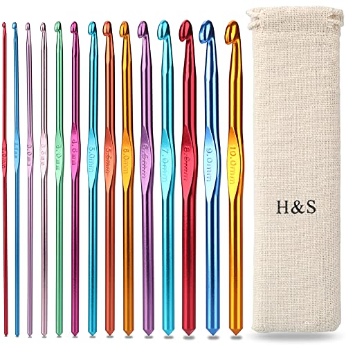 H&S Häkelnadel Set - 14-teilig - Aluminum Häkelset mit Ergonomischen Griff - Häkeln & Stricken auch für Anfänger & Kinder - Mit Kostenlosen Häkel Etui - Häckelnadeln - Stricknadeln - Häkelset von H&S