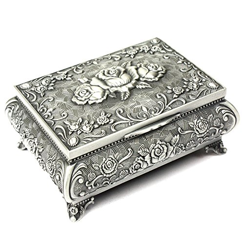 H&S Silber Antik Schmuckkästchen - Retro Schatulle für Halsketten & Ringe - Vintage Schmuckschatulle mit Gravur und Weichen Samt Innen Futter - Metall Schmuckkästchen Alt - Antique Deko Design H&S Silber Antik Schmuckkästchen - Retro Schatulle für Halsketten & Ringe - Vintage Schmuckschatulle mit Gravur und Weichen Samt Innen Futter - Metall Schmuckkästchen Alt - Antique Deko Design von H&S