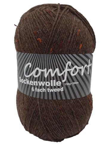 6-fädige Sockenwolle Strumpfwolle -150gr Knaul- 375m Lauflänge - dicke Wolle für besonders warme Socken – grosse Farbauswahl (Tweed braun) von H&W Vertrieb