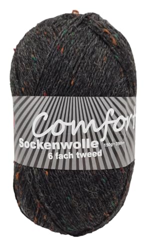 6-fädige Sockenwolle Strumpfwolle -150gr Knaul- 375m Lauflänge - dicke Wolle für besonders warme Socken – grosse Farbauswahl (Tweed dunkelgrau) von H&W Vertrieb