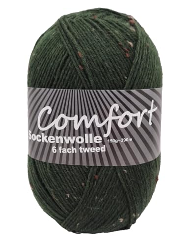 6-fädige Sockenwolle Strumpfwolle -150gr Knaul- 375m Lauflänge - dicke Wolle für besonders warme Socken – grosse Farbauswahl (Tweed grün) von H&W Vertrieb