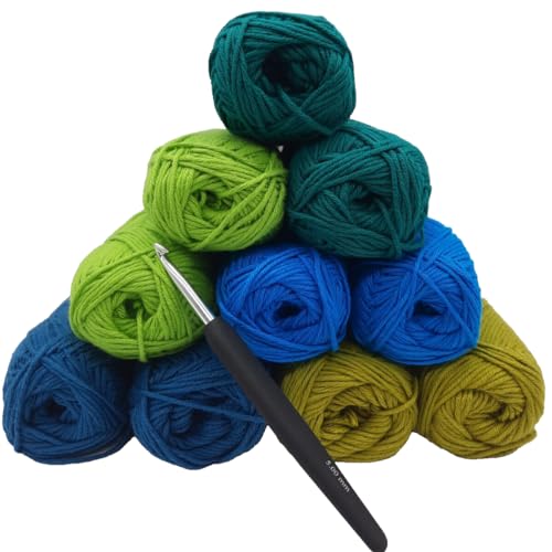 Baumwollgarn Häkelgarn und Strickgarn 10x50gr harmonische Farbsets mit Häkelnadel - LL, 100m per 50gr - 85% Baumwolle, 15% Leinen - aus reiner Naturfaser Set (green) von H&W Vertrieb