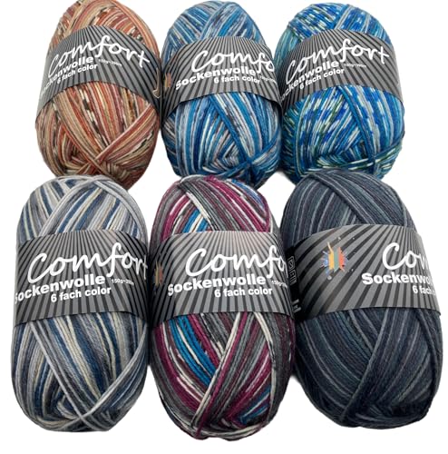 H&W Vertrieb Sockenwolle 6x150gr Comfort Color 6-fädig Color 900gr Set 375m/LL für besonders warme FüßeSet Bunt von H&W Vertrieb