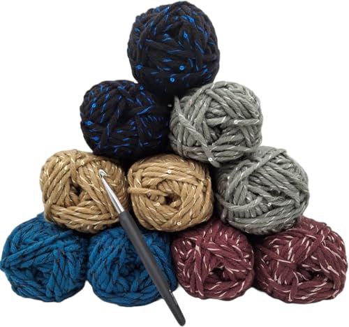 Mützengarn Häkelgarn Häkelwolle -Auswahl an Farbset- 10x50gr ohne Banderole mit Häkelnadel 6,0mm- Wolle zum Stricken und Häkeln besttens geeignet (Set Pailetten) von H&W Vertrieb