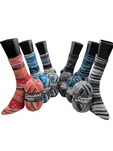 Sockenwolle Strumpfwolle 6x150gr Comfort Color 6-fädig Color 900gr Set 375m/LL für besonders warme FüßeSet Bunt (634 7-12) von H&W Vertrieb