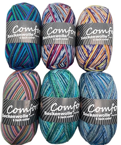 Sockenwolle Strumpfwolle 6x150gr Comfort Color 6-fädig Color 900gr Set 375m/LL für besonders warme FüßeSet Bunt (634 7-12) von H&W Vertrieb