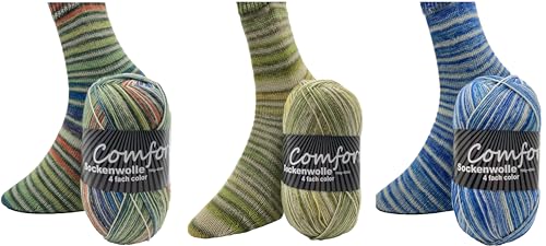 Sockenwolle Strumpfwolle Comfort Color 4 fach - verschiedene 3x100gr Sets zur Wahl- Wolle zum Stricken modischer Socken - (set 1) von H&W Vertrieb