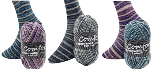 Sockenwolle Strumpfwolle Comfort Color 4 fach - verschiedene 3x100gr Sets zur Wahl- Wolle zum Stricken modischer Socken - (set 2) von H&W Vertrieb