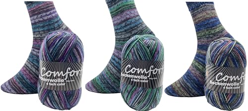 Sockenwolle Strumpfwolle Comfort Color 4 fach - verschiedene 3x100gr Sets zur Wahl- Wolle zum Stricken modischer Socken - (set 4) von H&W Vertrieb