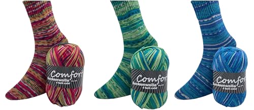 Sockenwolle Strumpfwolle Comfort Color 4 fach - verschiedene 3x100gr Sets zur Wahl- Wolle zum Stricken modischer Socken - (set 6) von H&W Vertrieb