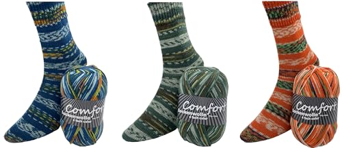 Sockenwolle Strumpfwolle Comfort Color 4 fach - verschiedene 3x100gr Sets zur Wahl- Wolle zum Stricken modischer Socken - (set 7) von H&W Vertrieb