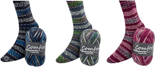 Sockenwolle Strumpfwolle Comfort Color 4 fach - verschiedene 3x100gr Sets zur Wahl- Wolle zum Stricken modischer Socken - (set 8) von H&W Vertrieb