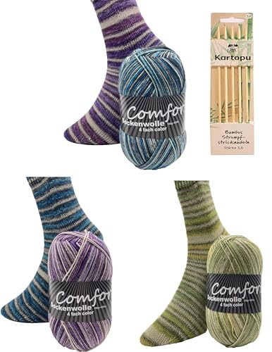 Sockenwolle Strumpfwolle Comfort Color 4 fädig - 3x100gr Set mit hochwertiger passender Bambus Strumpfstricknadeln 20cm 3,0mm -Set (1) von H&W Vertrieb