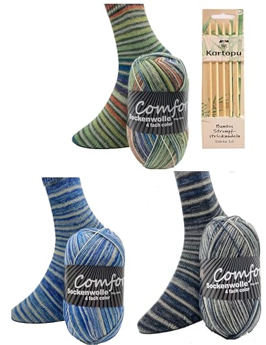 Sockenwolle Strumpfwolle Comfort Color 4 fädig - 3x100gr Set mit hochwertiger passender Bambus Strumpfstricknadeln 20cm 3,0mm -Set (2) von H&W Vertrieb