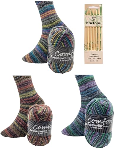 Sockenwolle Strumpfwolle Comfort Color 4 fädig - 3x100gr Set mit hochwertiger passender Bambus Strumpfstricknadeln 20cm 3,0mm -Set (3) von H&W Vertrieb