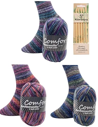 Sockenwolle Strumpfwolle Comfort Color 4 fädig - 3x100gr Set mit hochwertiger passender Bambus Strumpfstricknadeln 20cm 3,0mm -Set (4) von H&W Vertrieb