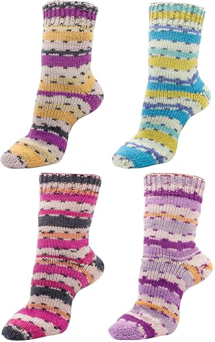 Strumpfwolle, 6fädig, Colorfarben, Sockenwolle Set 4x150gr Knaul, Premiumqualität, 375 m Lauflänge pro Knaul, Öko-Tex zertifiziert, Made in Europe, filzfrei -superwash (set fashion) von H&W Vertrieb