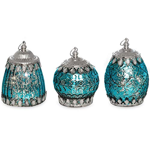 antikes LED Glas Laternen Set blau - 3 teilig mit je 5er Lichterkette und Öse zum aufhängen von H.Bauer jun.