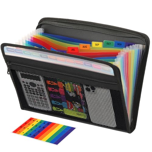 Dokumenten-Organizer mit Reißverschluss, A4, Fächermappe, Ordnungsmappe, Akkordean-Aktenordner für Papiere, Briefe, Quittungen, Rechnungen, Aufbewahrung, 13 farbige Taschen, Schwarz von H4D
