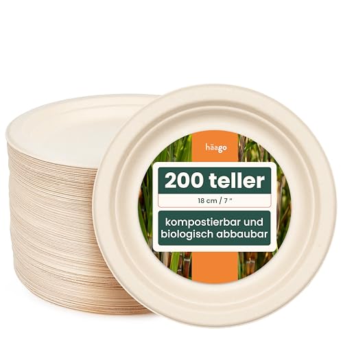 HAAGO Zuckerrohr Bagasse Einwegteller für Geburtstage, Hochzeiten, Partys - Stabil, Umweltfreundlich, Biologisch Abbaubar & Heim kompostierbar (200, 18 cm) von HAAGO