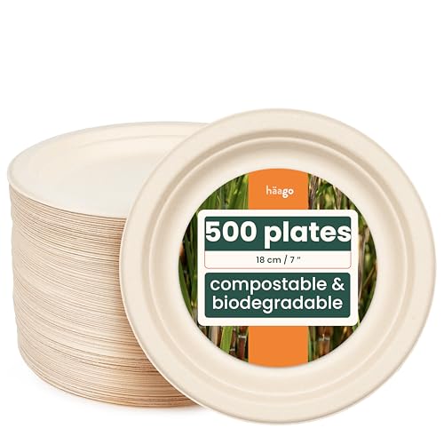 HAAGO Zuckerrohr Bagasse Einwegteller für Geburtstage, Hochzeiten, Partys - Stabil, Umweltfreundlich, Biologisch Abbaubar & Heim kompostierbar (500, 18 cm) von HAAGO