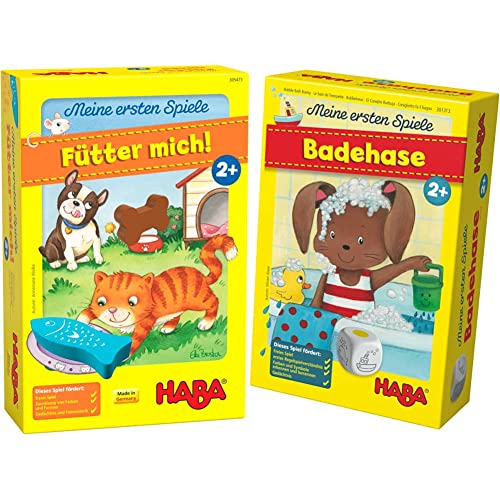 HABA 305473 - Meine ersten Spiele – Fütter Mich! Zuordnungsspiel ab 2 Jahren für 1 – 5 Spieler mit 5 Holzfiguren zum Thema Haustiere, Spieldauer 5 min & 301313 - MES Badehase Spiel von HABA