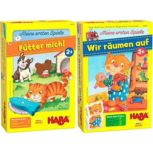 HABA 305473 - Meine ersten Spiele – Fütter Mich! Zuordnungsspiel ab 2 Jahren für 1 – 5 Spieler mit 5 Holzfiguren zum Thema Haustiere & 303469 - Meine ersten Spiele, Wir räumen auf Lernspiel von HABA