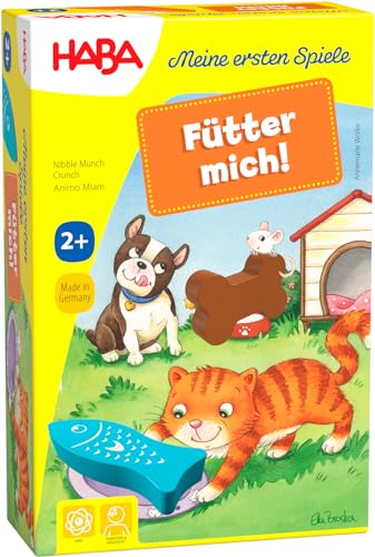 HABA 305473 - Meine ersten Spiele – Fütter mich! Zuordnungsspiel ab 2 Jahren für 1 – 5 Spieler mit 5 Holzfiguren zum Thema Haustiere, Spieldauer 5 min, vermittelt Regelverständnis an Kleinkinder von HABA